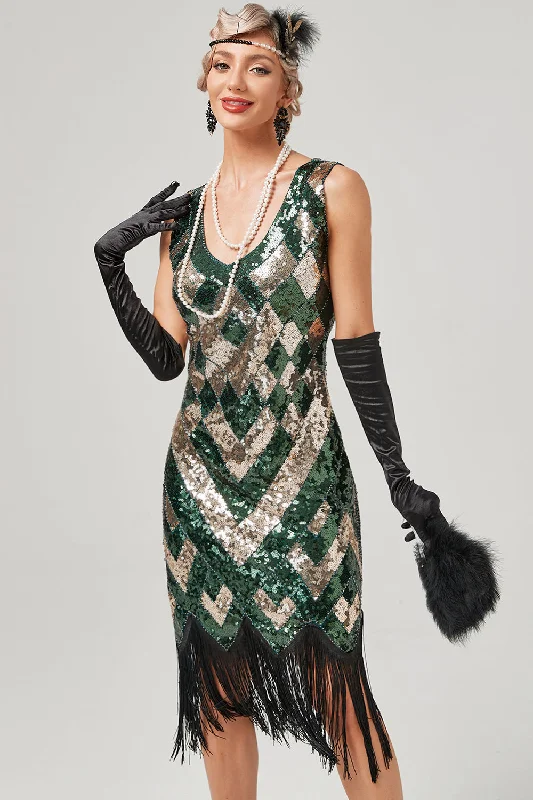 Green Scoop Neck Sleeveless Flapper Dress With Fringes