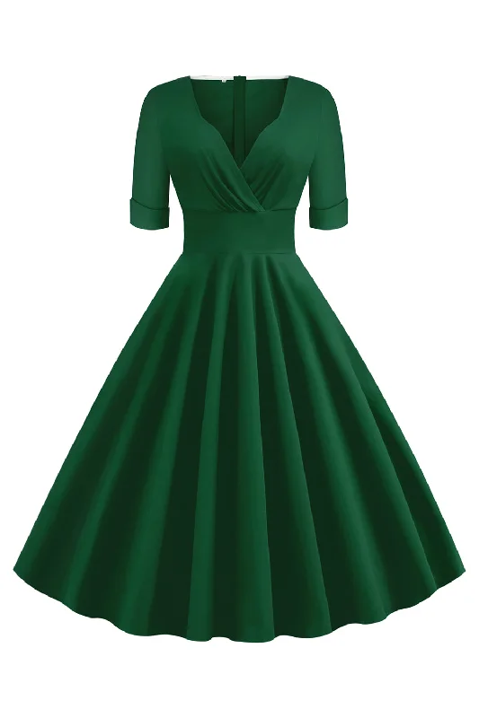 Green V-Neck Short Sleeves 1950s Swing Dress