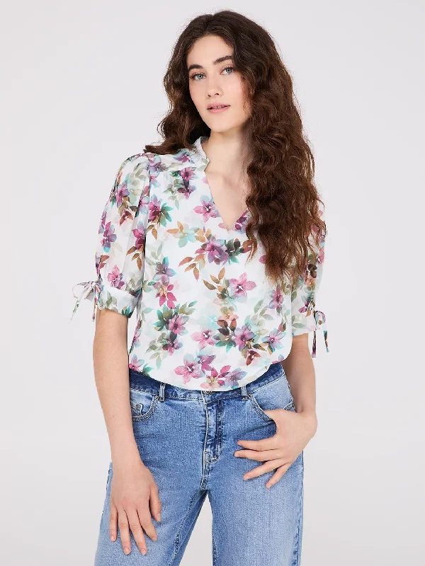 Floral Print Split Neck Tie Sleeve Blouse