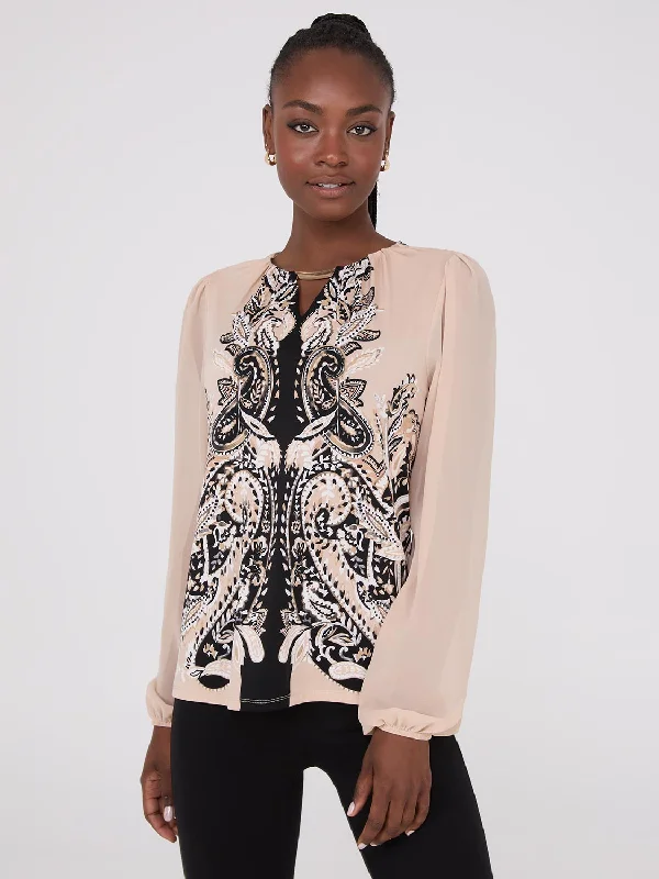 Paisley Print Chiffon Top With Metal Bar