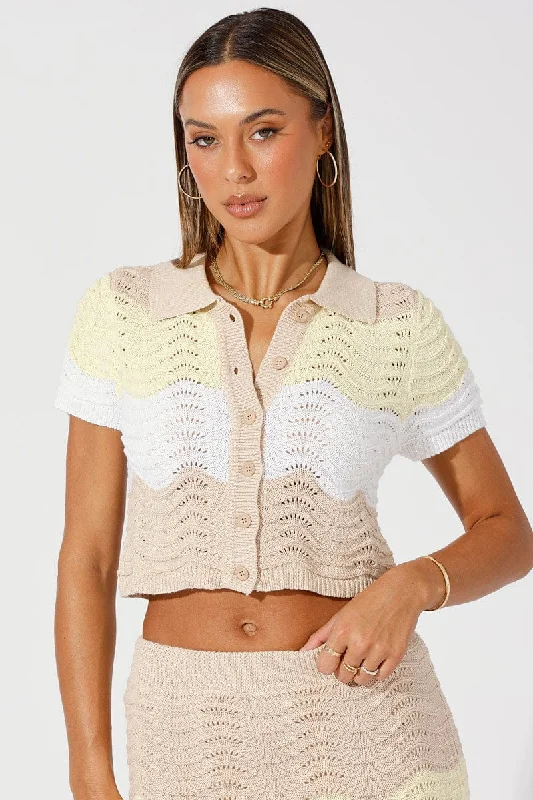 Beige Stripe Crochet Knit Top Collared