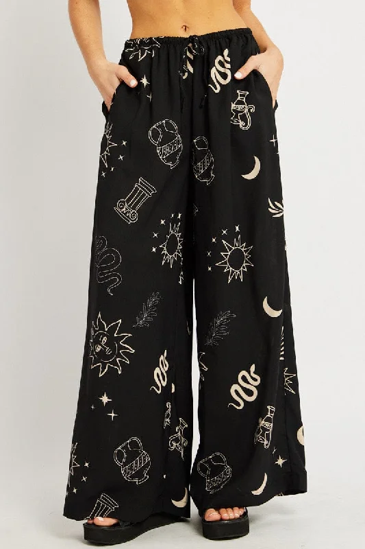 Black Abstract Wide Leg Pants High Rise