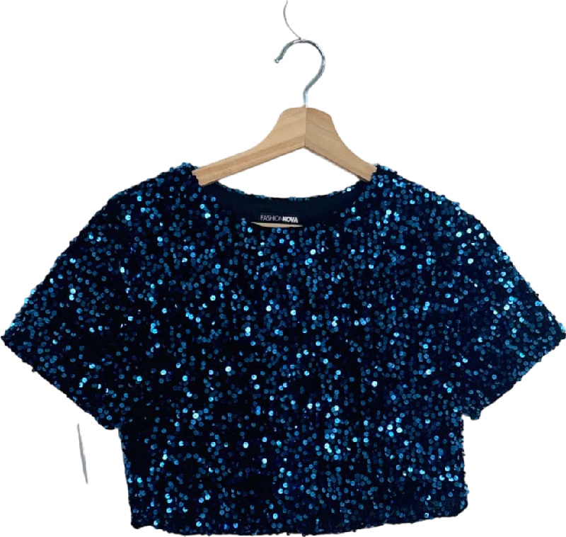 Fashion Nova Blue Sequin Short Sleeve Crop Top XS